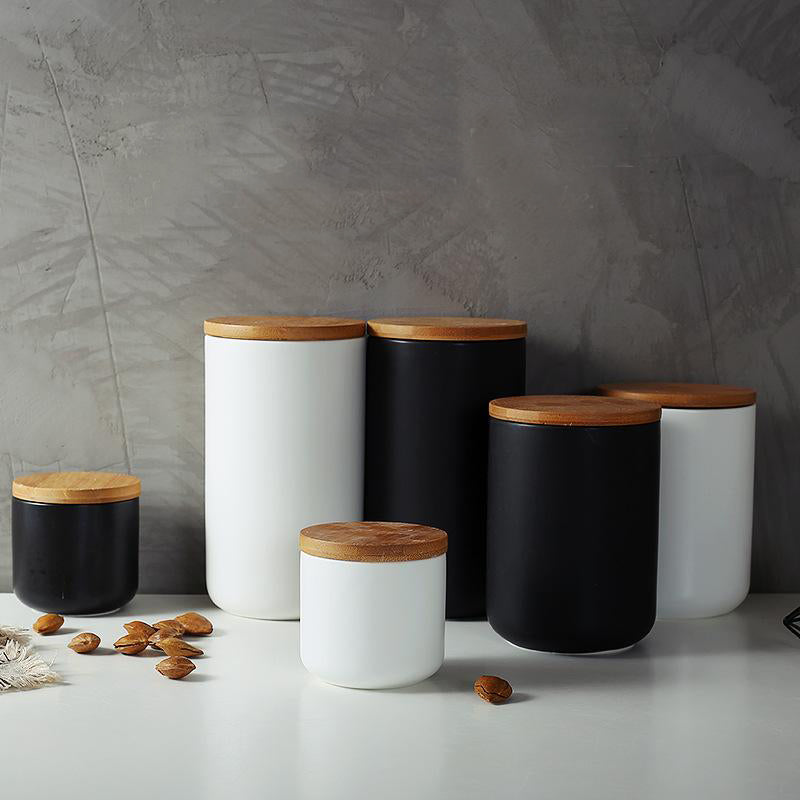 Classic Stoneware Kitchen Canister with Wood Top Fresh Food Container - Luxicro