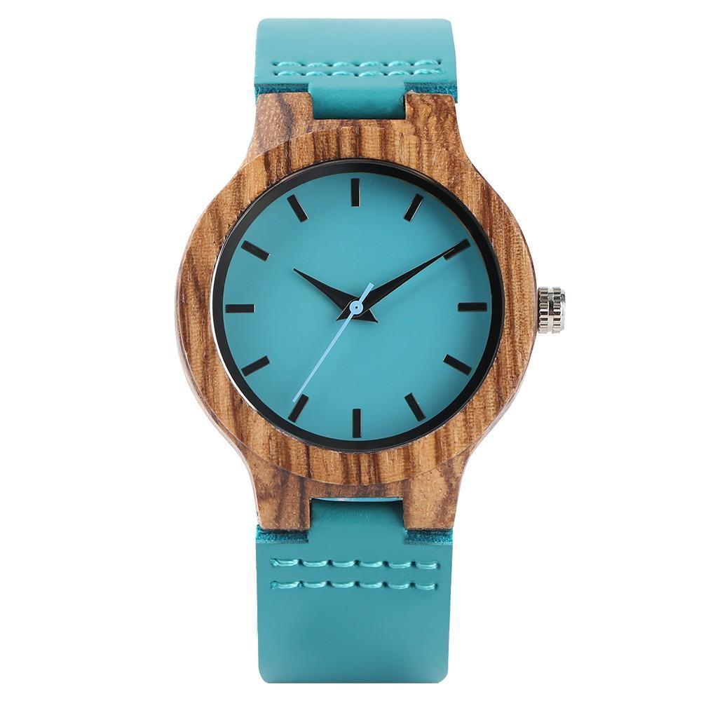 Natural Bamboo Wooden Ladies Watch Turquoise Dial - Luxicro