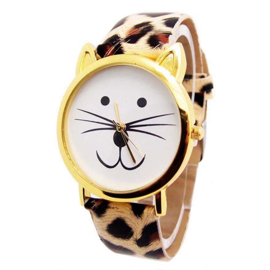 Stylish Cat Face Faux Leather Quartz Watch - Luxicro