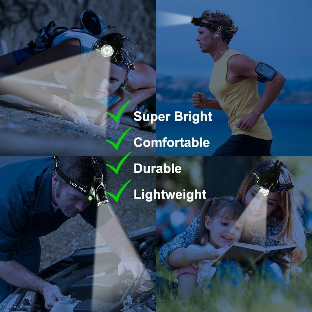 Bright Rechargeable LED Headlamp Zoom Flashlight