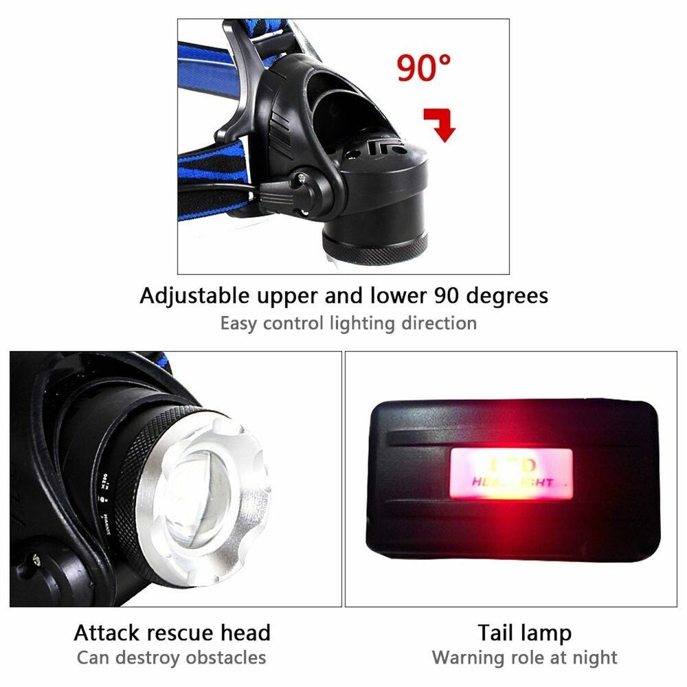 Bright Rechargeable LED Headlamp Zoom Flashlight