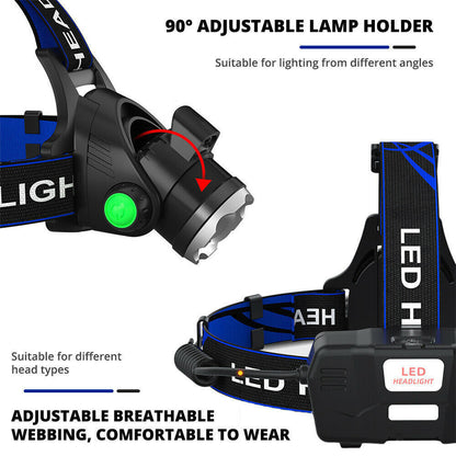 Bright Rechargeable LED Headlamp Zoom Flashlight