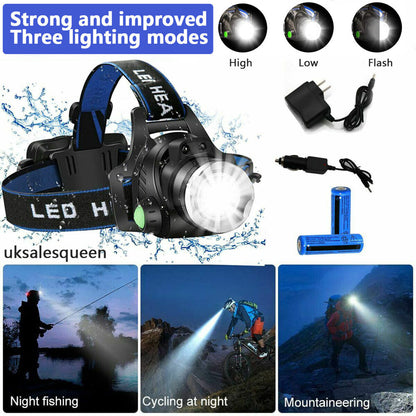 Bright Rechargeable LED Headlamp Zoom Flashlight
