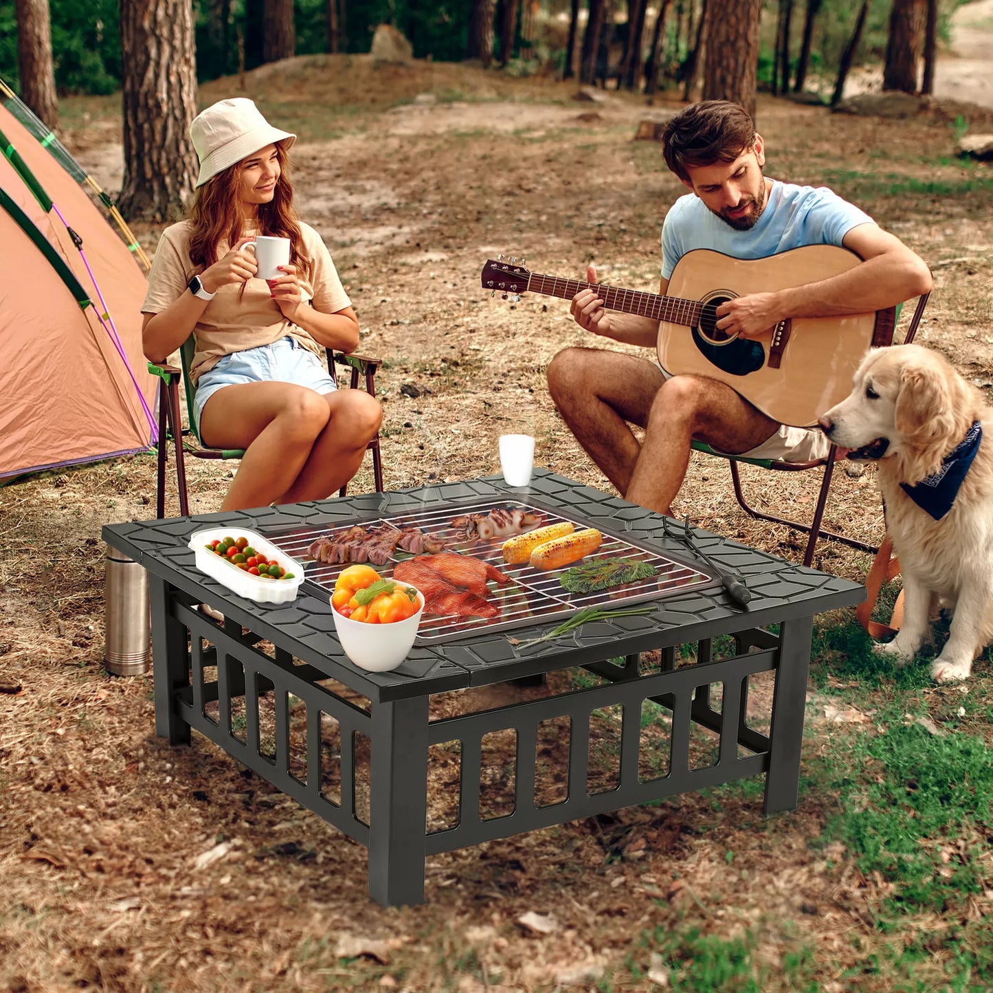 Outdoor Steel Fire Pit Table with Lid and Grill - Luxicro