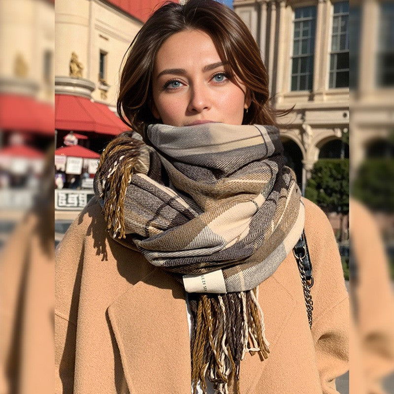 Cozy Plaid Fringed Scarf for Women