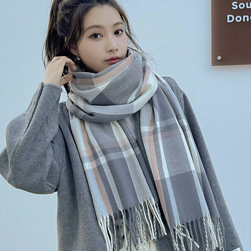 Cozy Plaid Fringed Scarf for Women