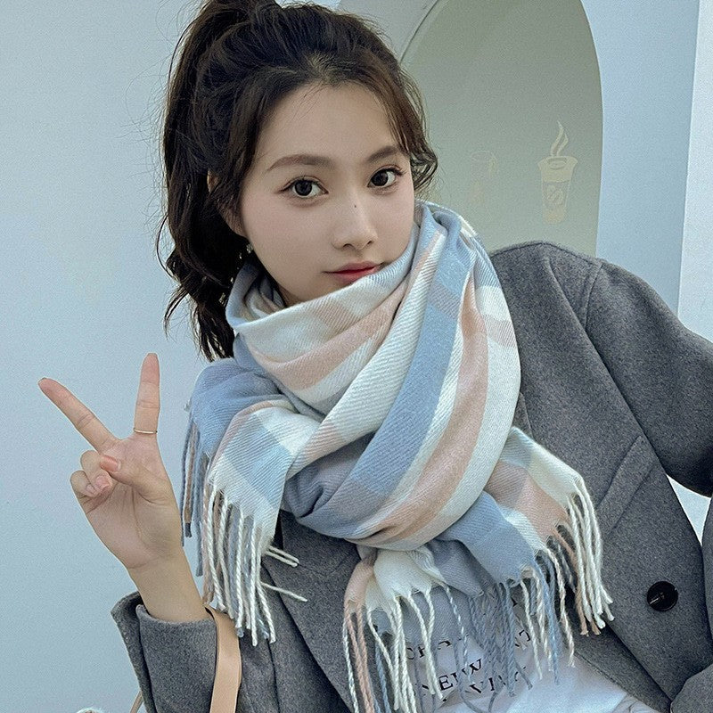 Cozy Plaid Fringed Scarf for Women