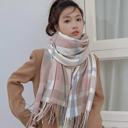 Cozy Plaid Fringed Scarf for Women