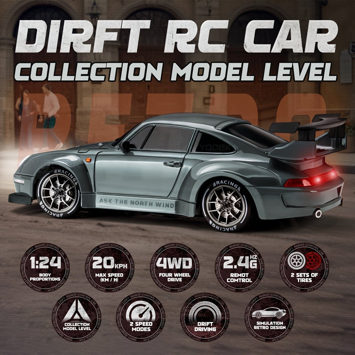 Fast 1:24 RC Drift Car with LED Lights 4 Wheel Drive