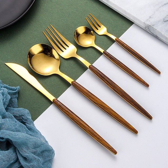 Luxury Wooden Handle Gold Flatware Set