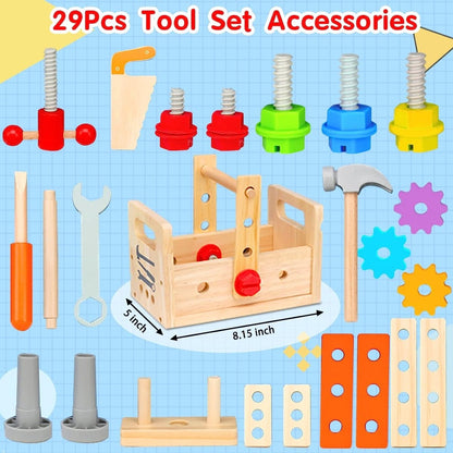 Wooden Kids Tool Kit - 29 Piece Play Workbench Set